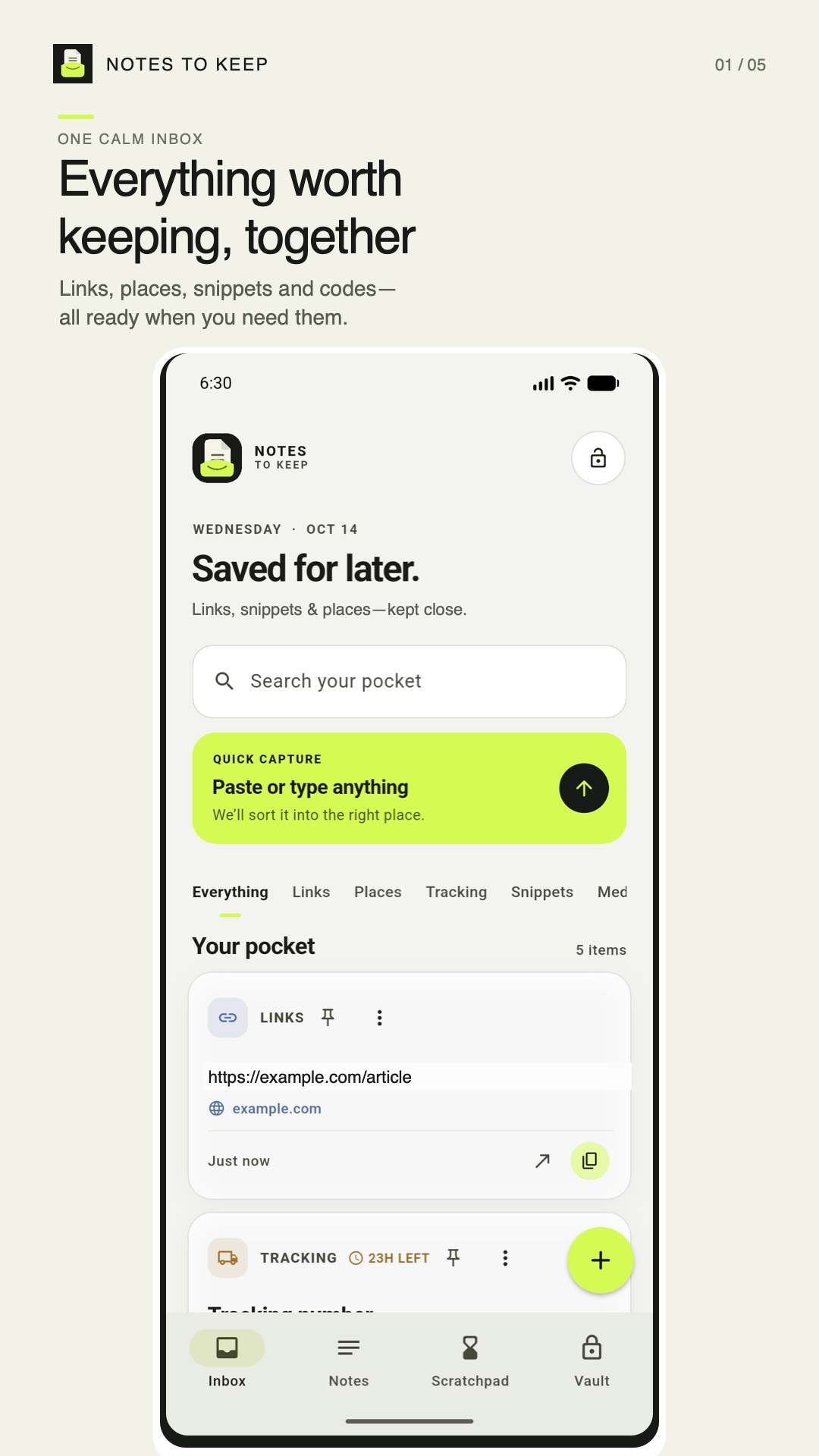 Notes to Keep mobile app showing saved items in one organized inbox
